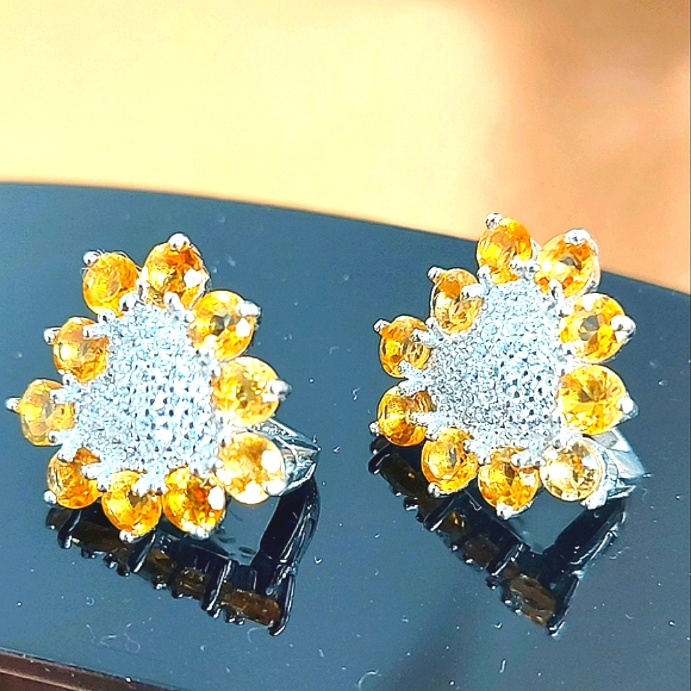 NATURAL CITRINE EARRINGS & CZ 925 STERLING SILVER EARRINGS